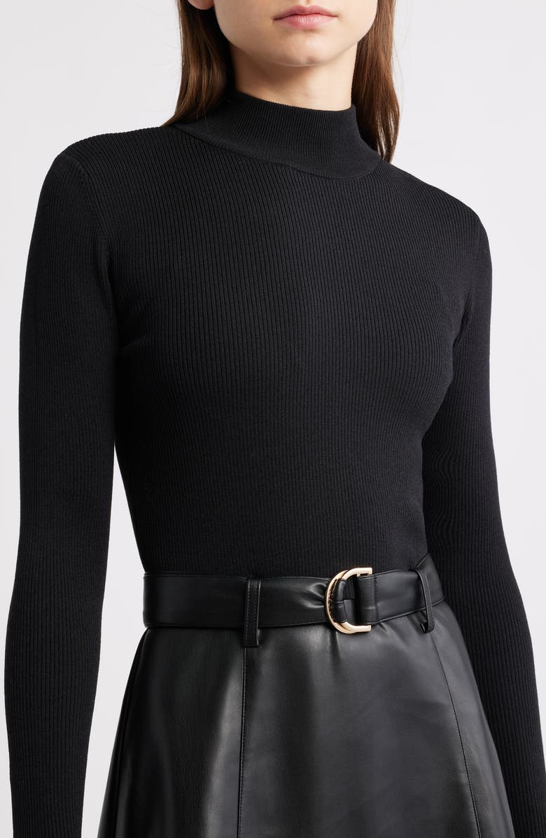 Elie Tahari The Miranda Long Sleeve Mixed Media Faux Leather Midi Dress, Alternate, color, Noir Black