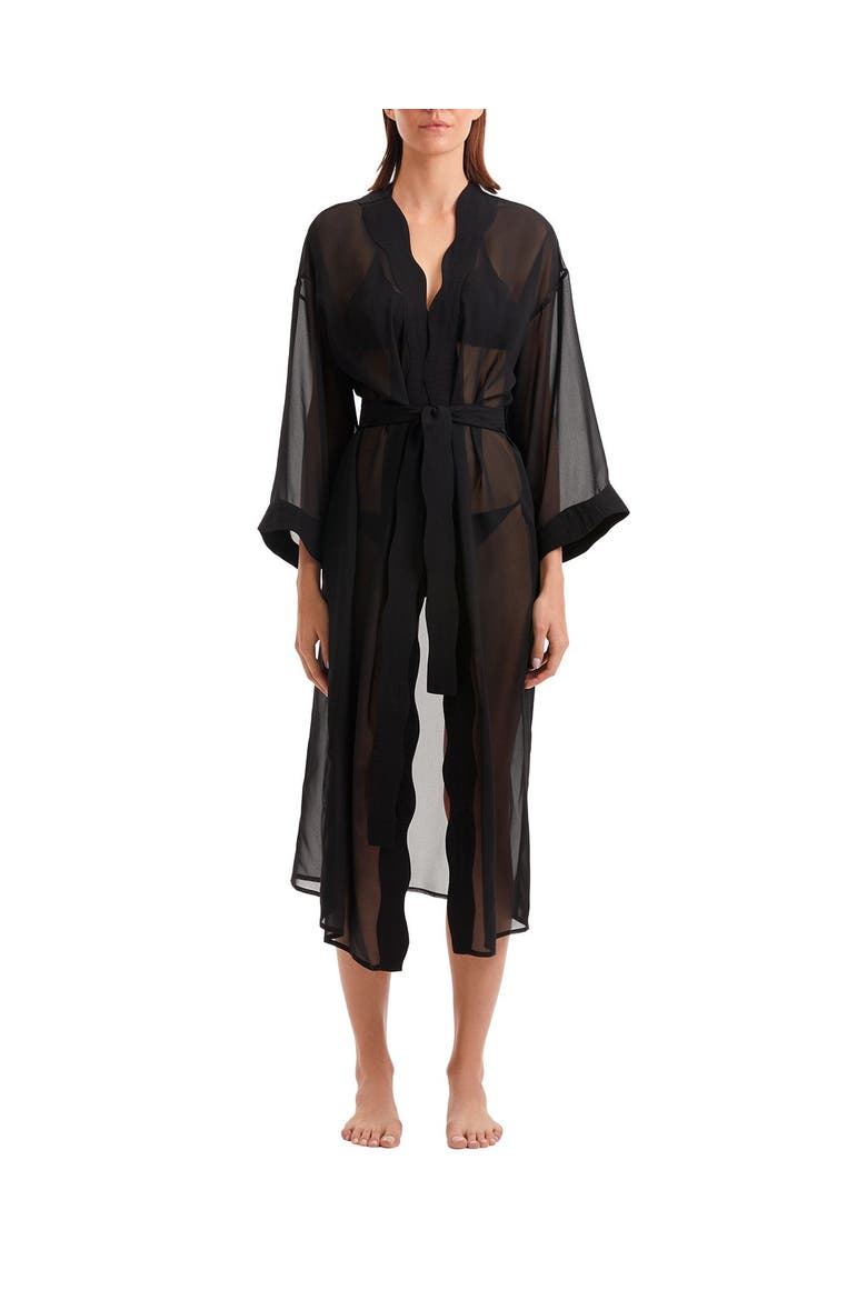 Blaze Long Sleeve Wavy-Trim Belted Sheer Kaftan, Main, color, Black