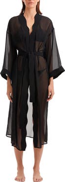 Moeva Blaze Long Sleeve Wavy-Trim Belted Sheer Kaftan