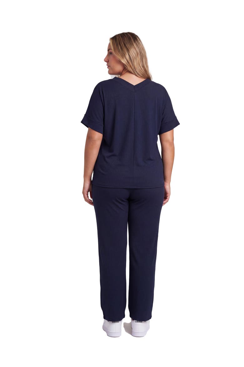 Curvy Basic Ribbed Knit Dolman Sleeve V-Neck Top and Drawstring Wide Leg Pant Set, Alternate, color, Navy