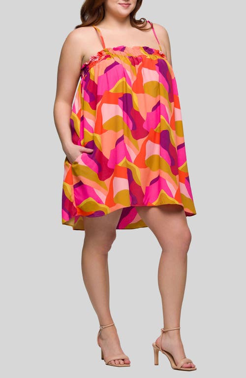 24seven Comfort Apparel Plus Size Square Neck Spaghetti Strap Smocked Pockets Mini Dress In Multi