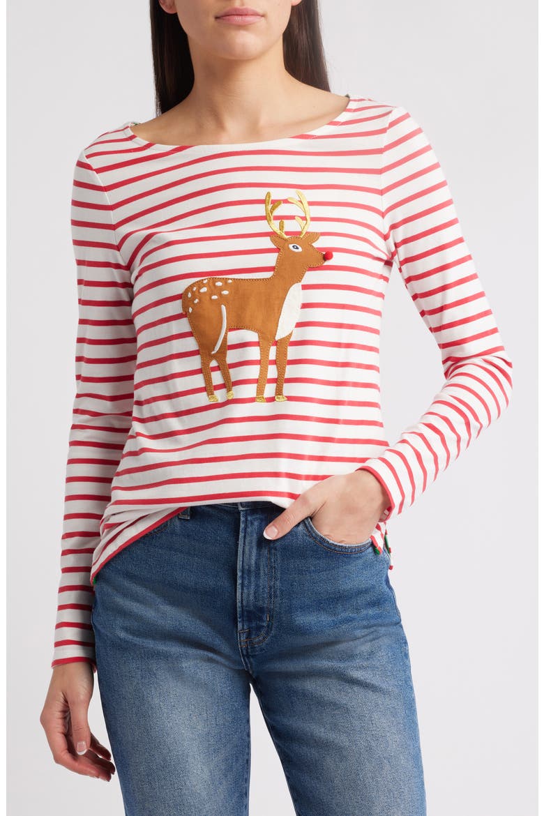 Ella Stripe Appliqué Cotton T-Shirt, Main, color, RED REINDEER STRIPE