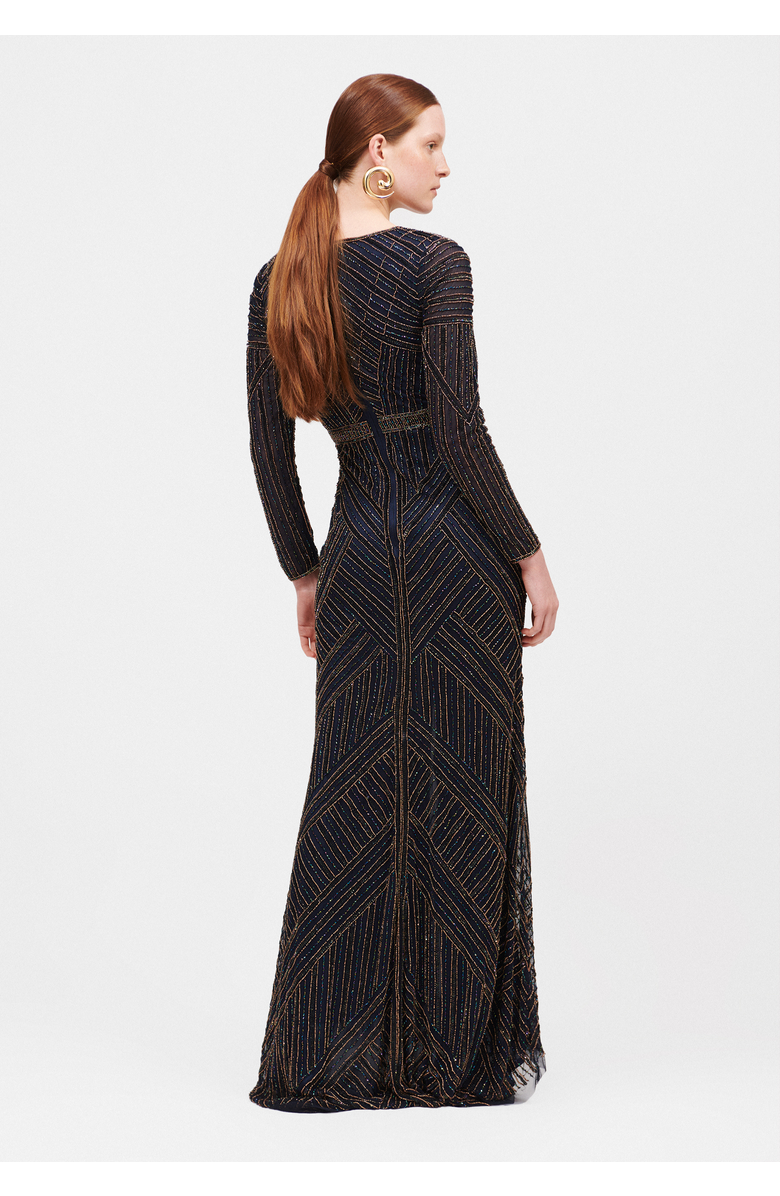 BEAUUT Occasion Embellished Sequin Beaded V Neck With Long Sleeves Evening Maxi Dress, Alternate, color,