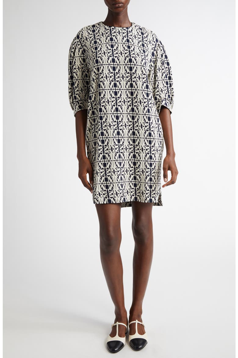 Gustavo Monogram Puff Sleeve Cotton Piqué Dress, Main, color, WHITE/ BLUE