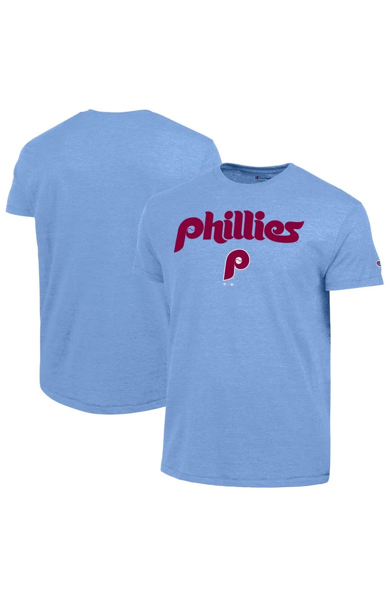 Champion Men's Champion  Light Blue Philadelphia Phillies Cooperstown Wordmark Lockup Tri-Blend T-Shirt, Main, color, Light Blue