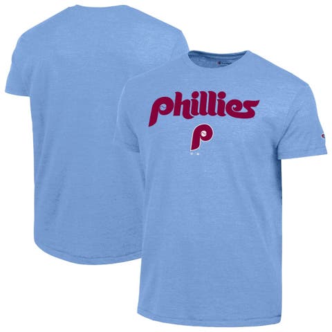 Men's Champion  Light Blue Philadelphia Phillies Cooperstown Wordmark Lockup Tri-Blend T-Shirt
