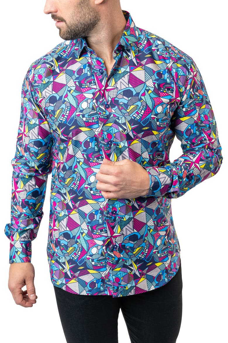 Fibonacci Abstract Skull Cotton Button-Up Shirt, Alternate, color, BLUE