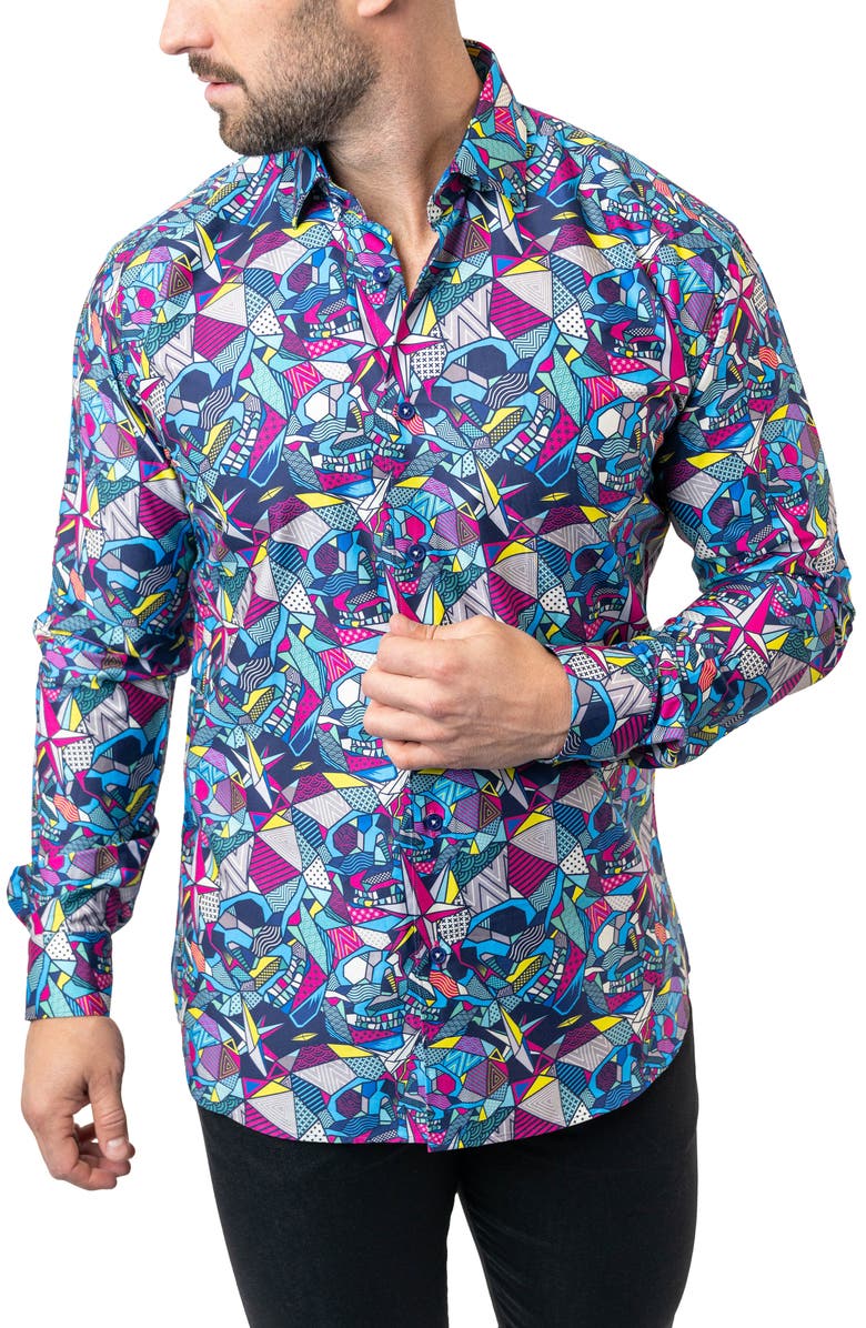 Maceoo Fibonacci Abstract Skull Cotton Button-Up Shirt, Alternate, color, Blue