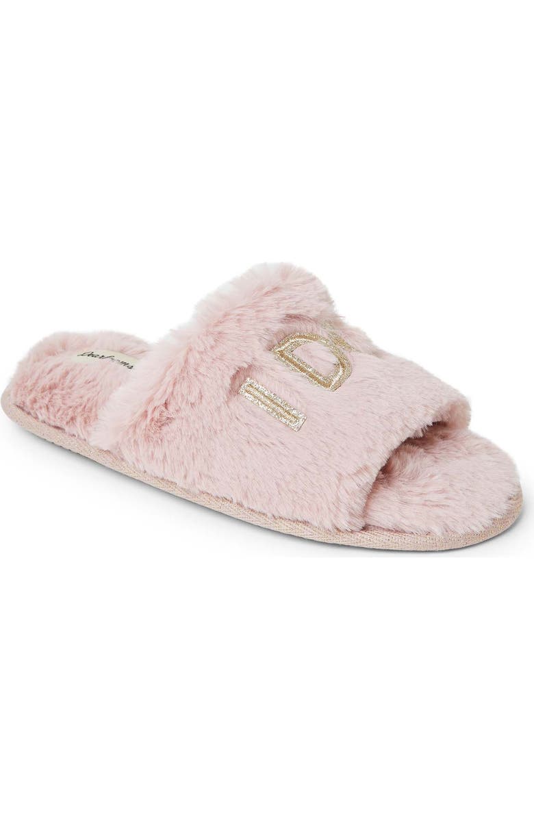 DEARFOAMS Lane Bridal I Do Fuzzy Slide Slipper, Alternate, color, Pale Mauve