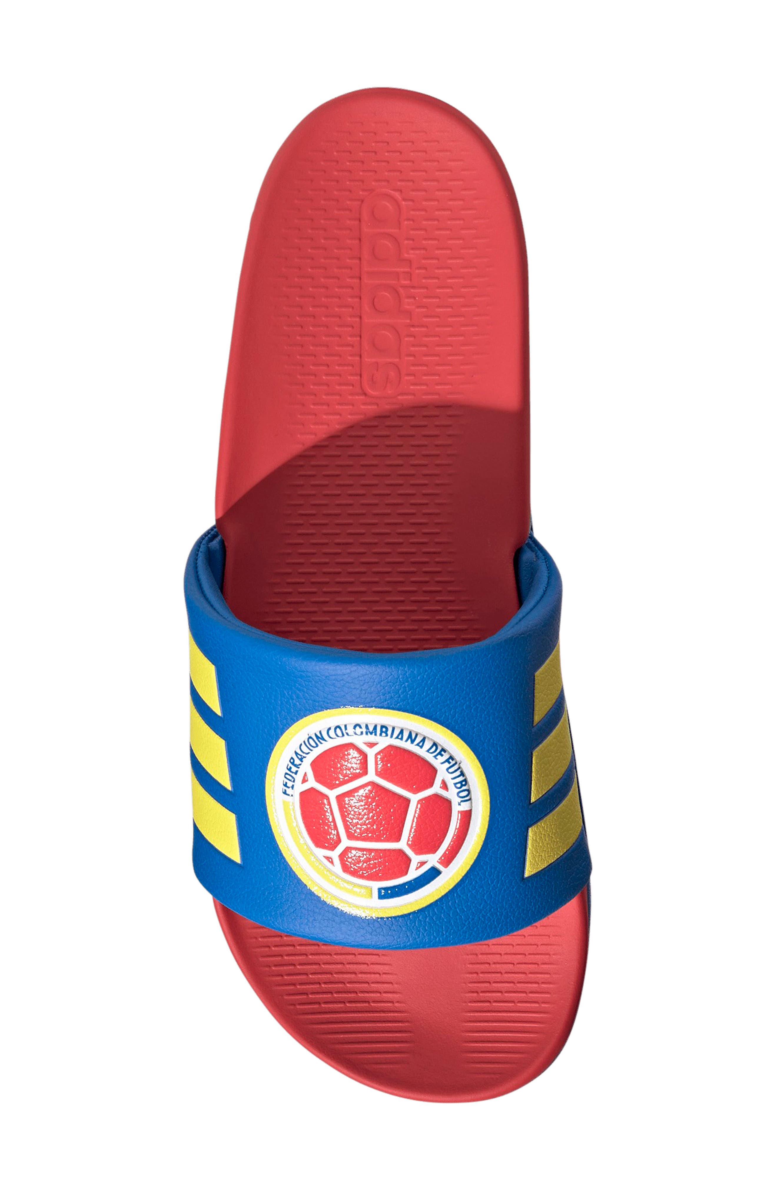 adidas Gender Inclusive Adilette Comfort 2.0 Colombia Slide Sandal, Alternate, color, Glory Blue/ Semi Lucid Red