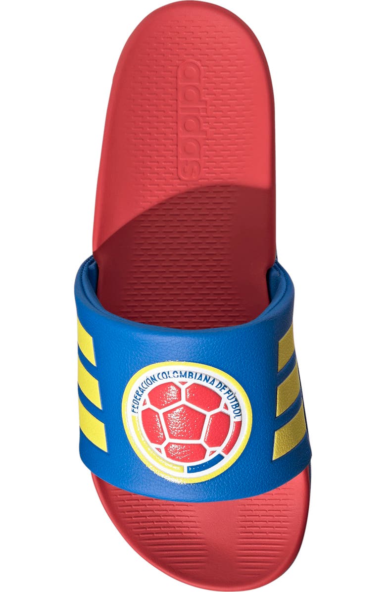 adidas Gender Inclusive Adilette Comfort 2.0 Colombia Slide Sandal, Alternate, color, Glory Blue/ Semi Lucid Red
