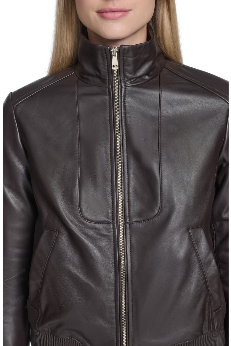 Stand Collar Leather Bomber Jacket, Alternate, color, DEEP ESPRESSO