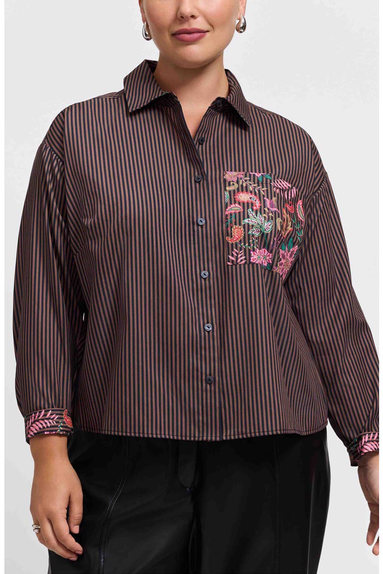 Marina Contrast Pocket Stripe Cotton Poplin Button-Up Shirt, Main, color, BROWN MULTI
