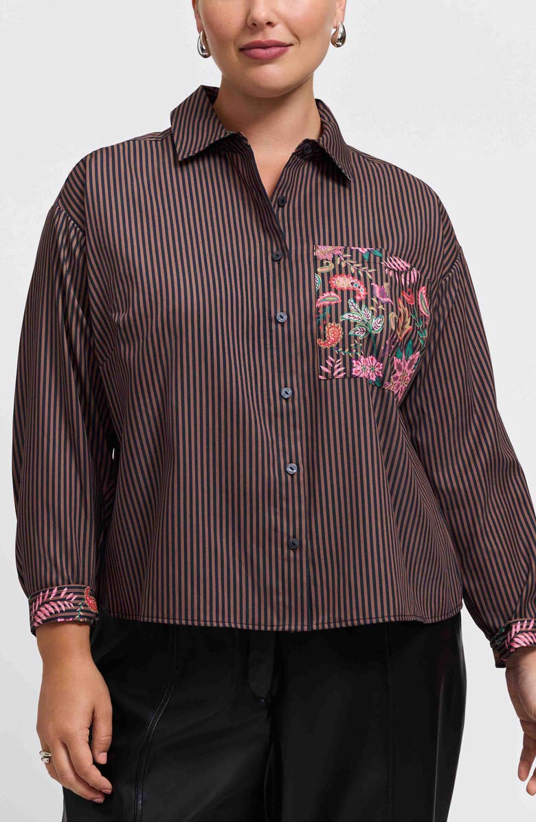 Foxcroft Marina Contrast Pocket Stripe Cotton Poplin Button-Up Shirt, Main, color, Brown Multi