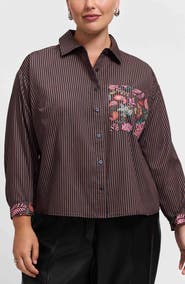 Foxcroft Marina Contrast Pocket Stripe Cotton Poplin Button-Up Shirt