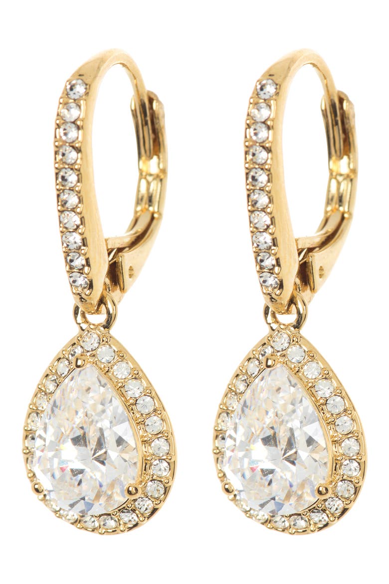 Pear Drop Cubic Zirconia Pavé Leverback Earrings, Main, color, GOLD