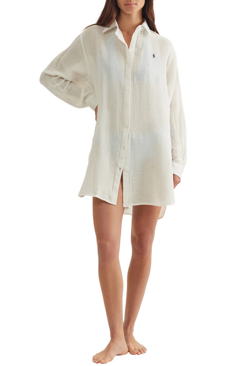 Boyfriend Long Sleeve Cover-Up Tunic, Main, color, CREAM