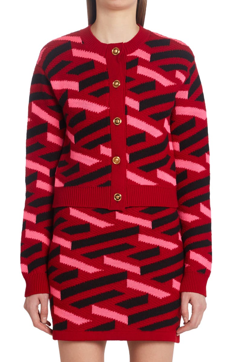 Versace La Greca Monogram Crop Wool Cardigan, Main, color, 