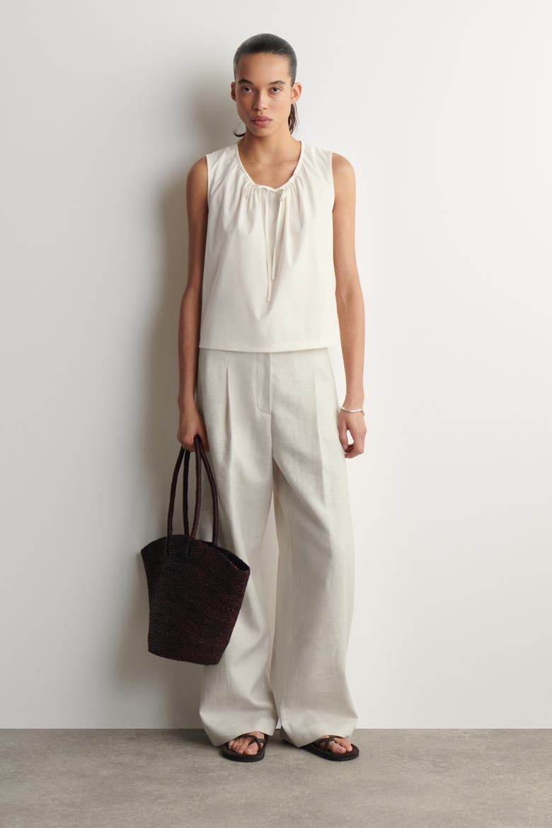 Gathered-neck Jersey Tank Top, Alternate, color, OFF-WHITE