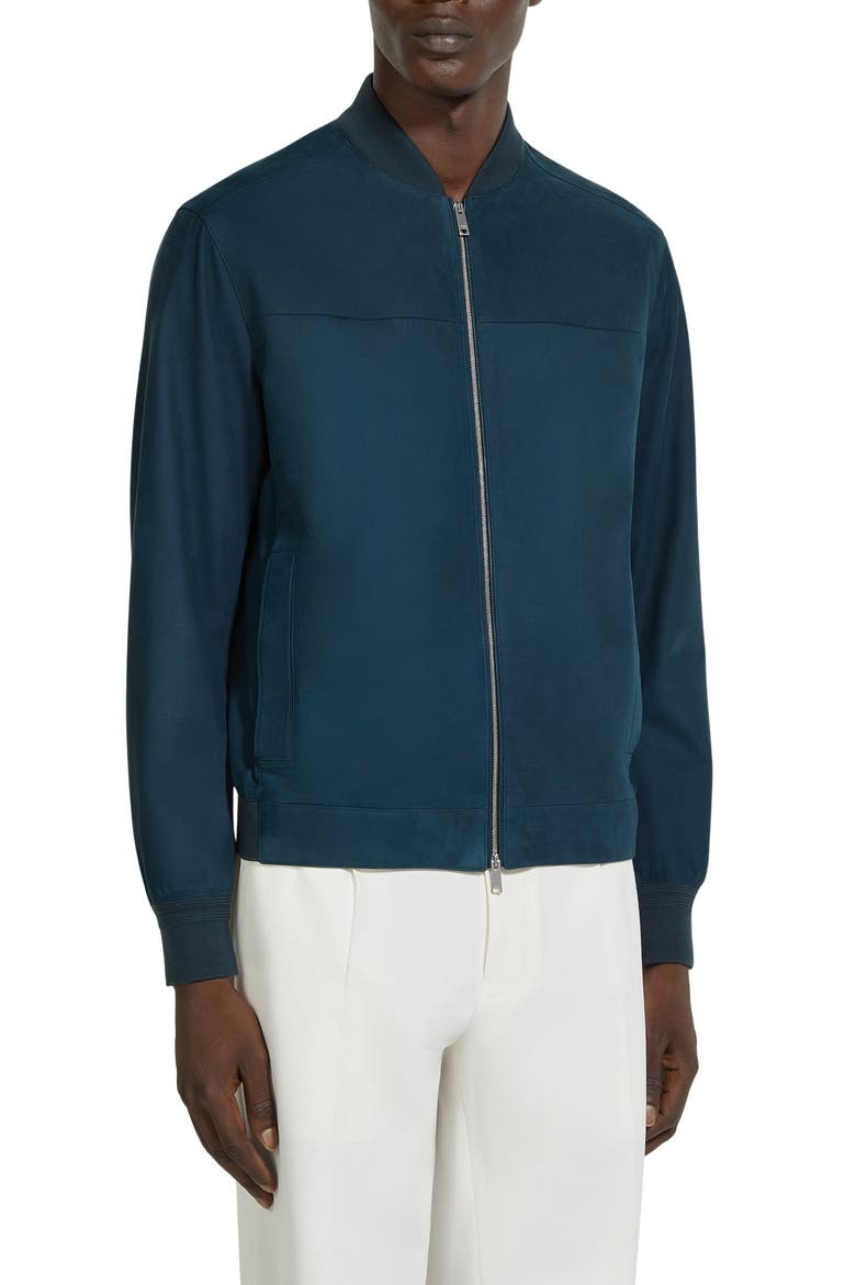 Suede Bomber Jacket, Main, color, DK BLU SLD