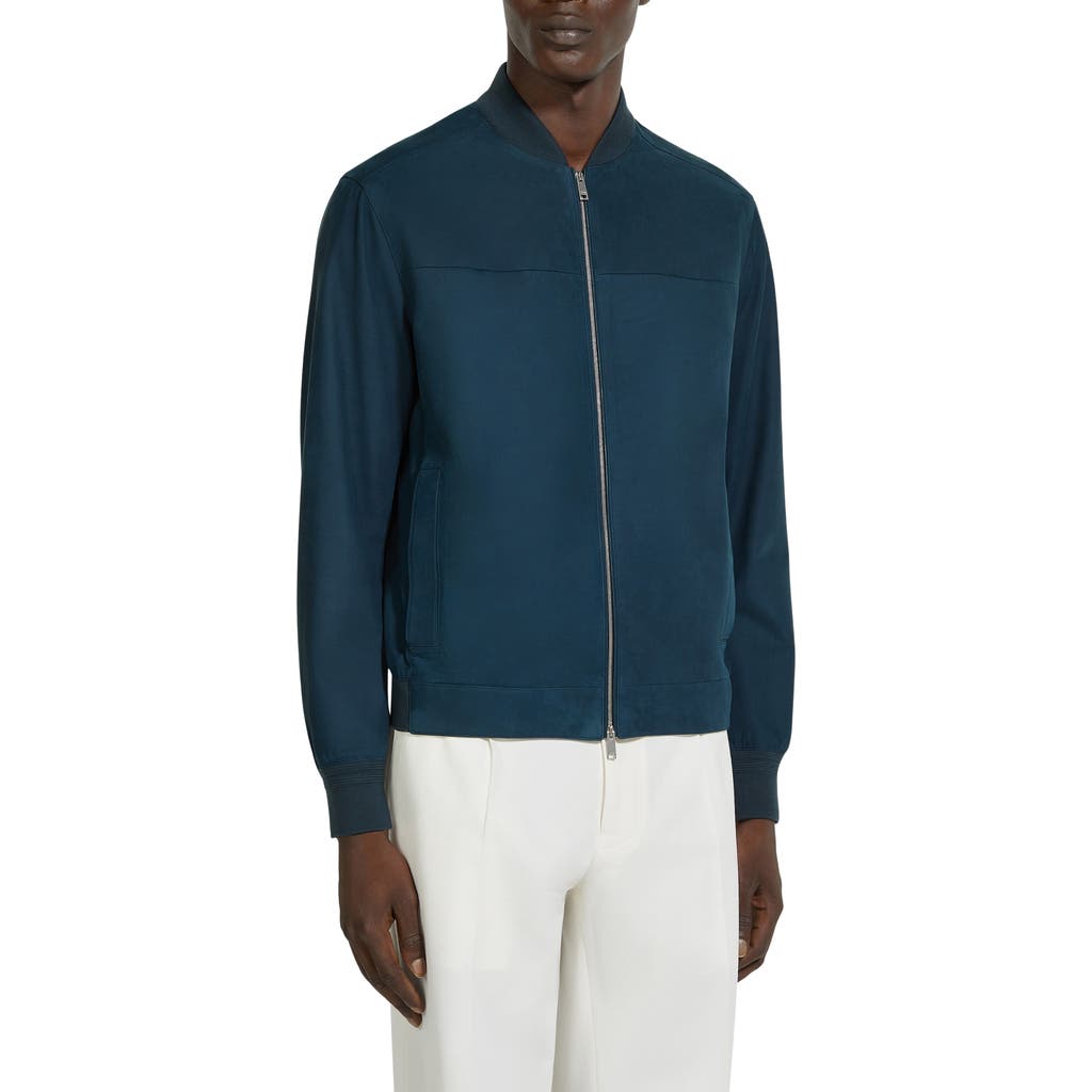 Shop Zegna Suede Bomber Jacket In Dk Blu Sld