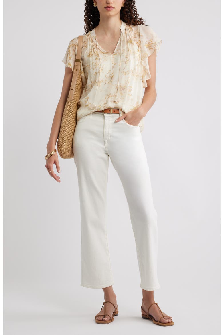Flutter Sleeve Crinkle Chiffon Top, Alternate, color, IVORY- GOLD SOLY FLORAL