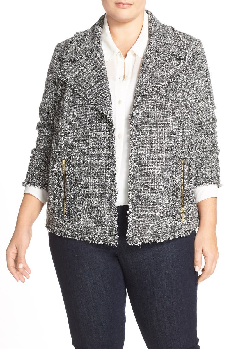 MICHAEL Michael Kors Fringe Trim Tweed Notch Collar Jacket, Main, color, 
