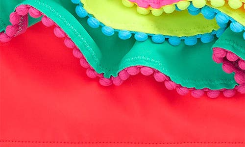 Mini Boden Kids' Ruffle Pom Trim Two-piece Swimsuit In Multi Colourblock