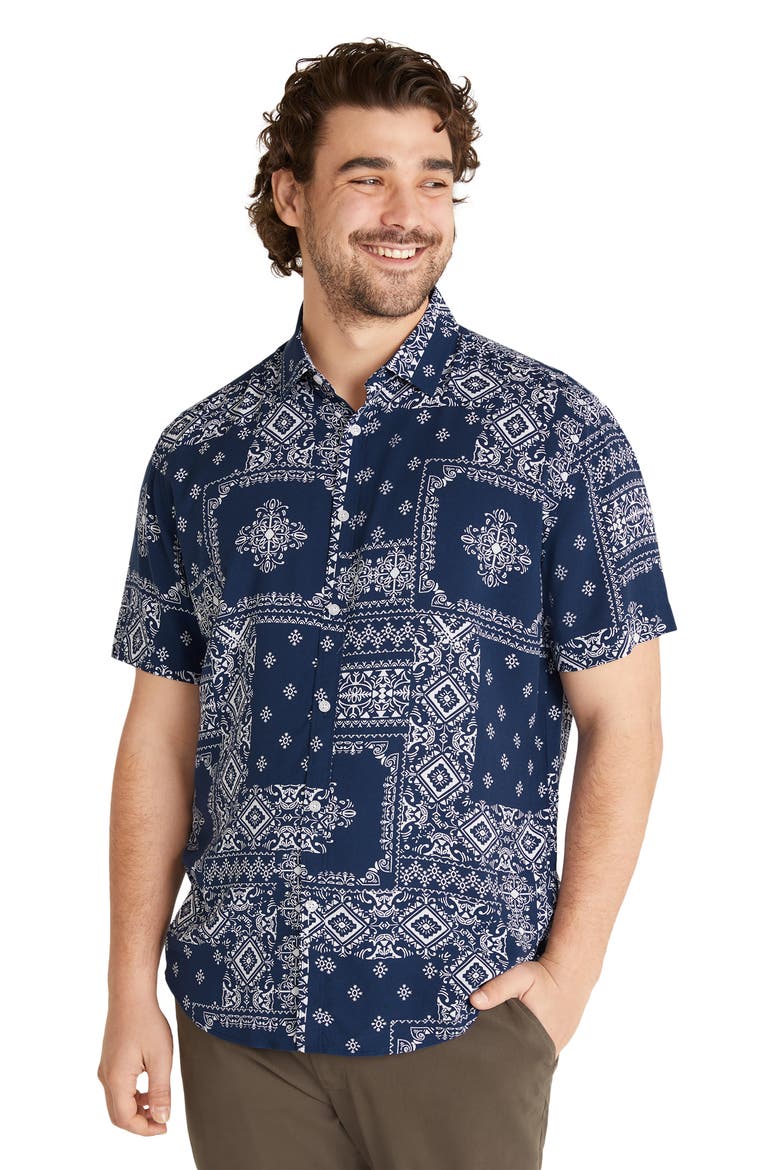 Bandana Print Short Sleeve Button-Up Shirt, Alternate, color, MARINE