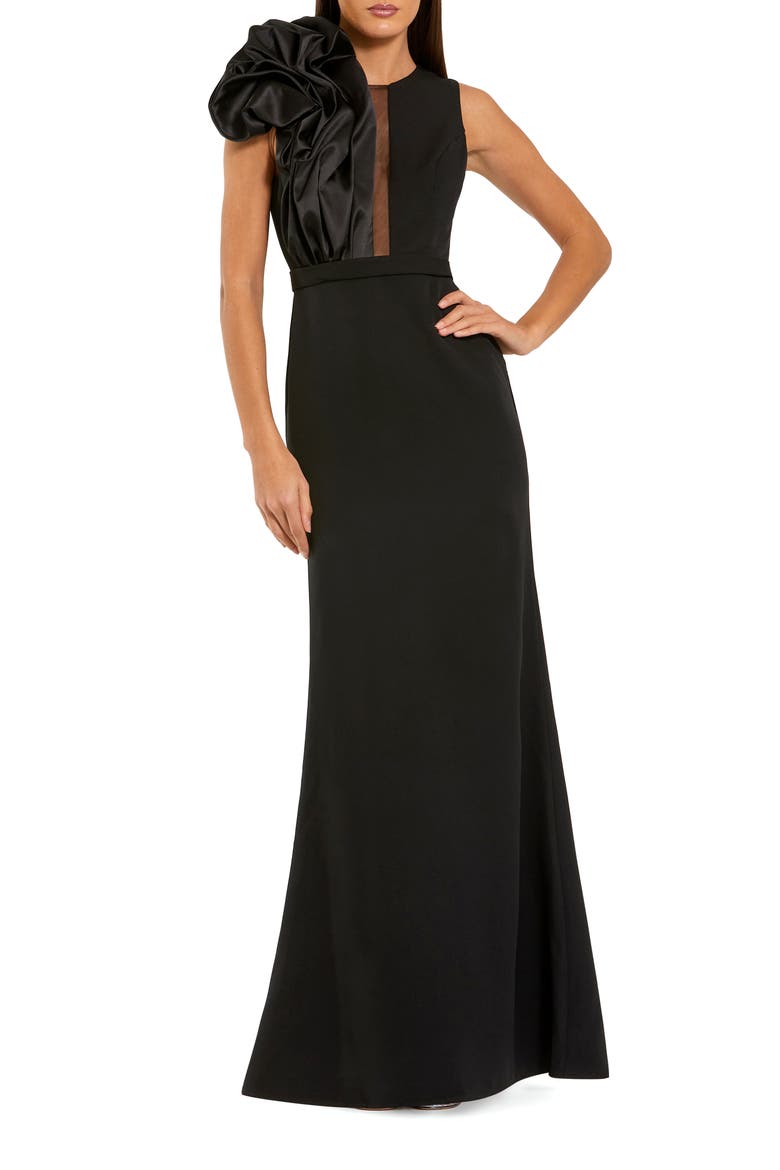 High Neck Sleeveless Crepe Gown With Satin Ruffle, Main, color, Black