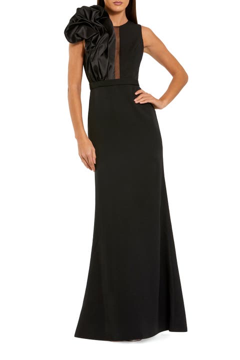 High Neck Sleeveless Crepe Gown With Satin Ruffle