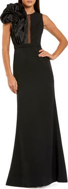Mac Duggal High Neck Sleeveless Crepe Gown With Satin Ruffle