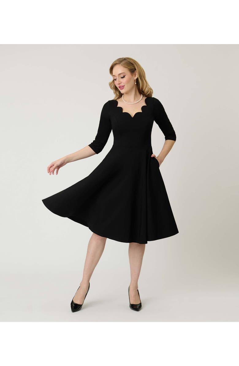Unique Vintage Scalloped Neck Swing Dress, Main, color, Black Solid