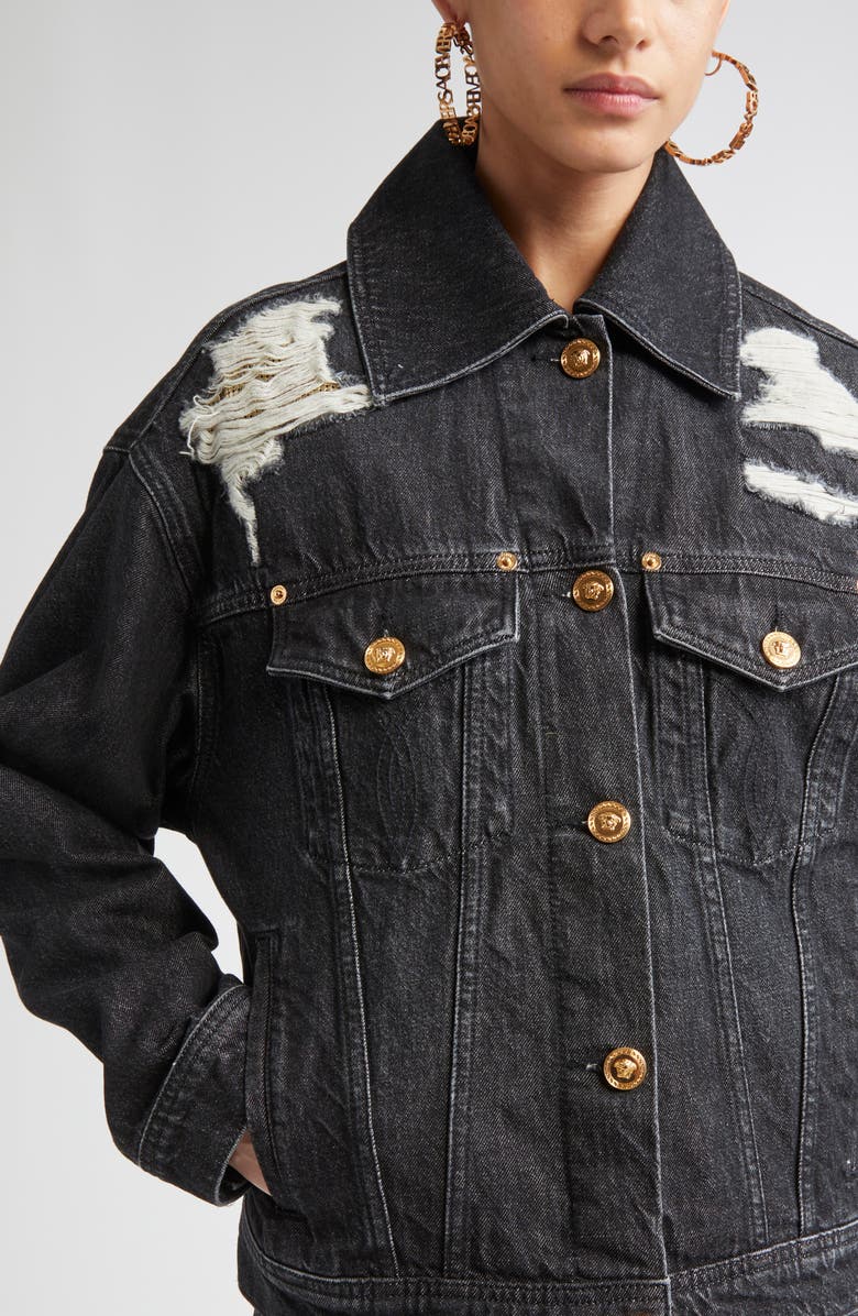 Versace Rip & Repair Denim Trucker Jacket, Alternate, color, Black