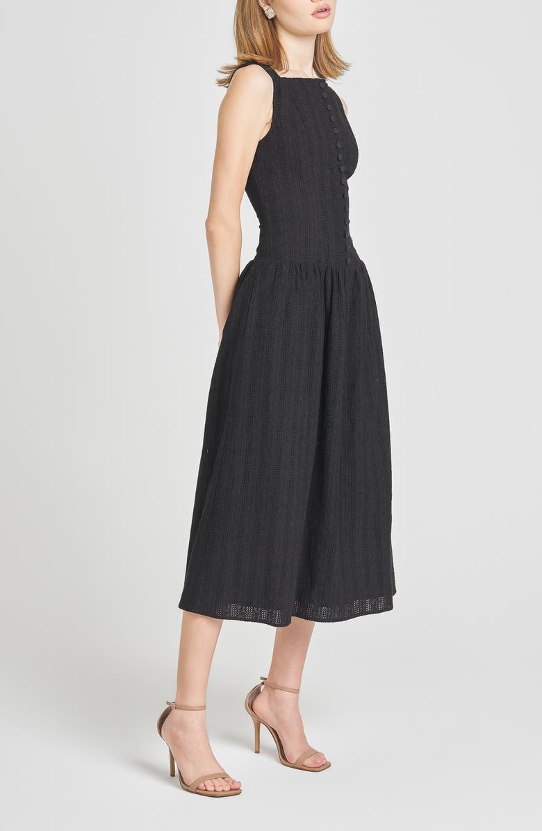 WAYF Eve Eyelet Embroidery A-Line Midi Dress, Alternate, color, Black