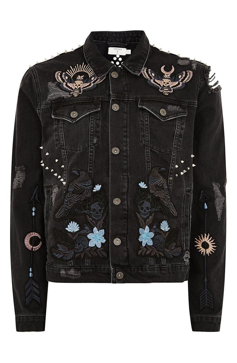 Topman Sleepy Hollow Slim Fit Denim Jacket with Patches, Alternate, color, 