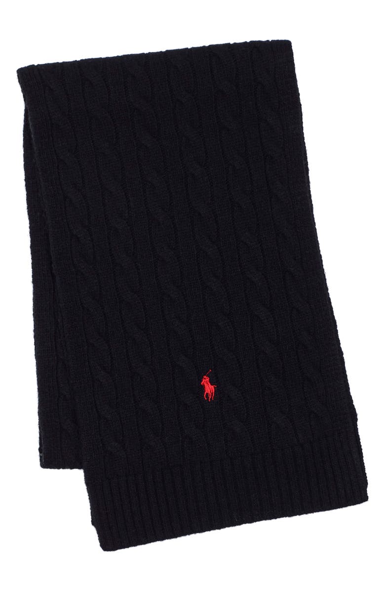 Polo Ralph Lauren Cable Merino Wool Blend Scarf, Main, color, Black Black