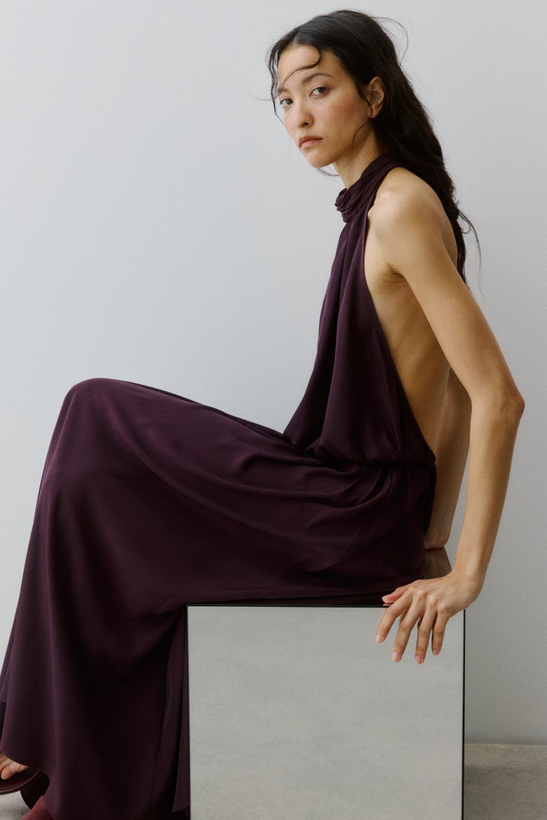 Long Halterneck Dress, Alternate, color, Dark purple