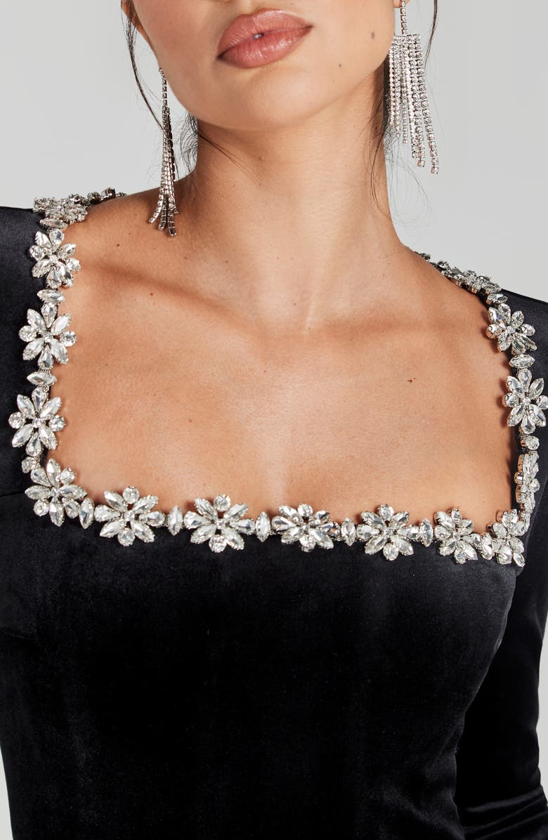 NADINE MERABI Kimberly Rhinestone Trim Velvet Jumpsuit, Alternate, color, Black