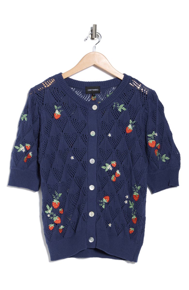 Driftwood Strawberry Embroidered Puff Sleeve Cotton Cardigan, Alternate, color, Navy