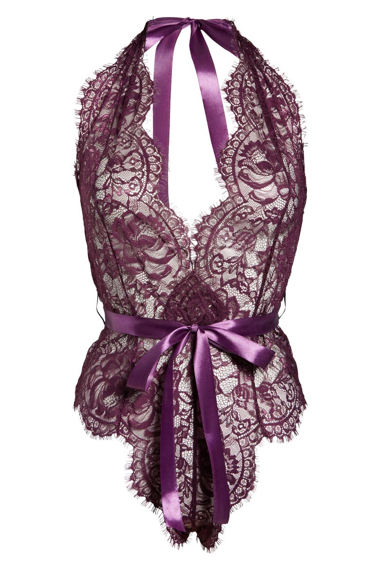 Naomi Plunge Neck Lace Bodysuit, Alternate, color, POTENT PURPLE