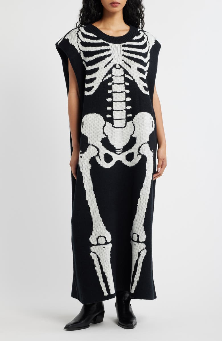 Dressed in Lala Big Reputation Skeleton Sleeveless Midi Dress, Main, color, Black Skeleton