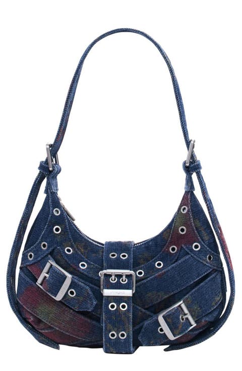 Grommet Trim Faux Leather Shoulder Bag