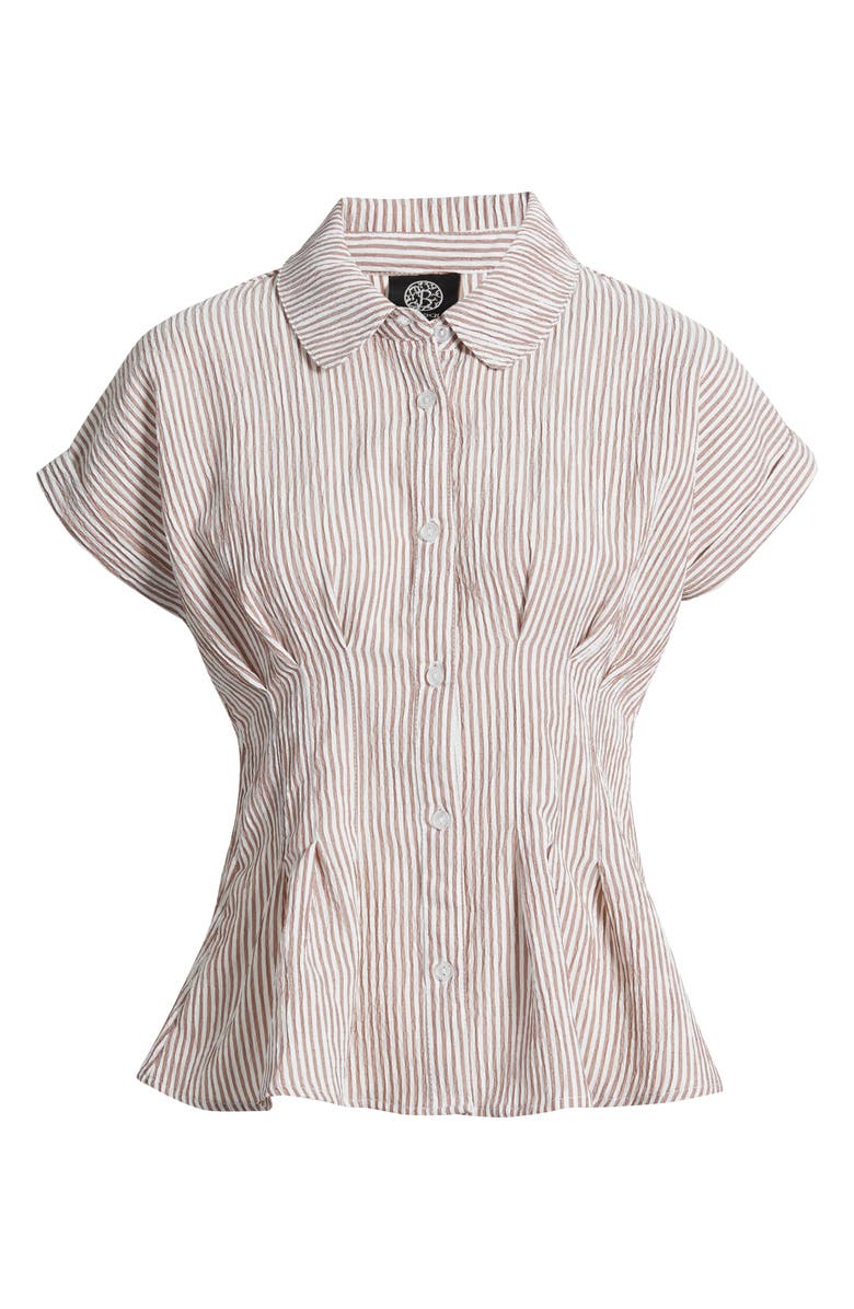 Bobeau Pleat Stripe Button-Up Shirt, Alternate, color, Cream/ Brandy Brown