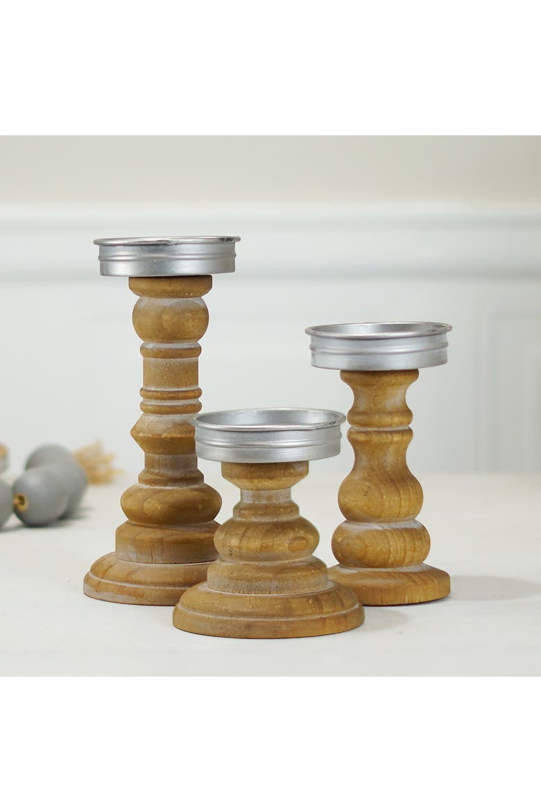 Wood Brown Turned Tapered Candle Holders, 8 Inch Decorative Candle Holder Set of 3, Alternate, color, Brown