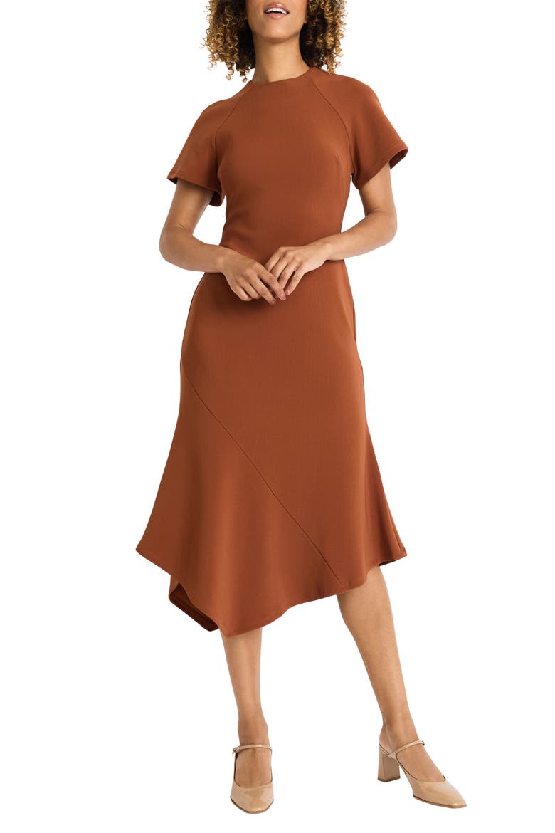 Short Sleeve Asymmetric Hem Midi Dress, Main, color, CEDAR