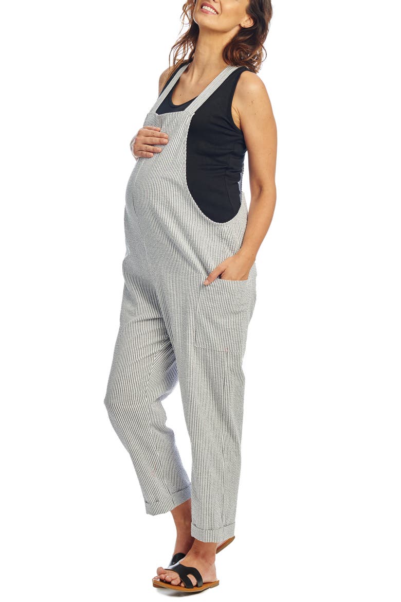 Nani Maternity/Nursing Seersucker Overalls, Alternate, color, BLACK STRIPE