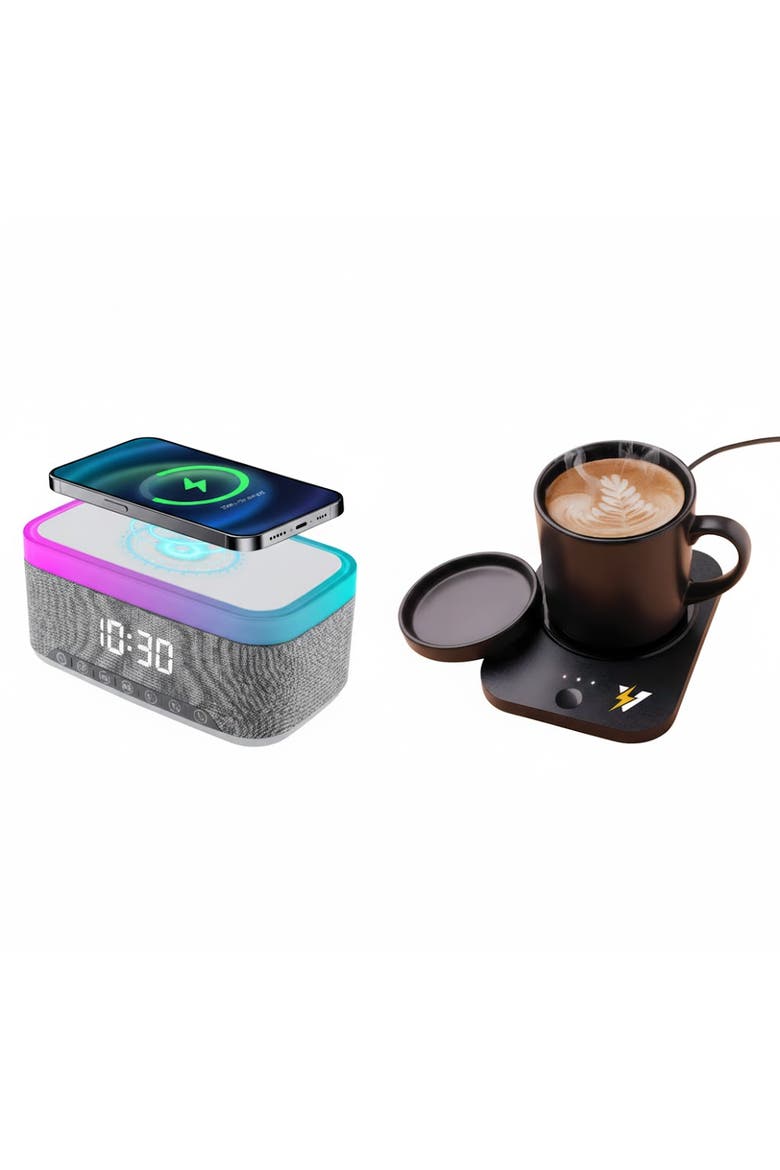 Desk-to-Bedside Power & Comfort Bundle - Sip & Charge 2-in-1 Mug Warmer + 5-in-1 Wireless Charging Alarm Clock Speaker, Main, color, Multicolor
