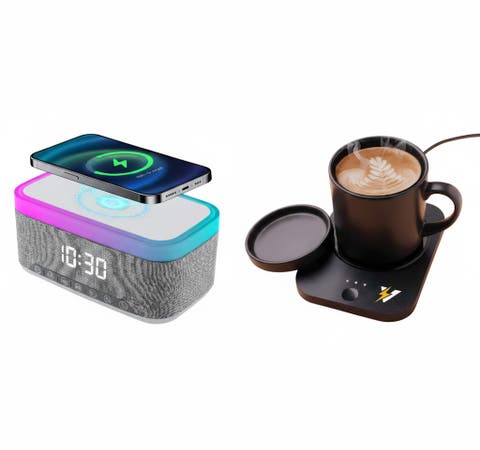 Desk-to-Bedside Power & Comfort Bundle - Sip & Charge 2-in-1 Mug Warmer + 5-in-1 Wireless Charging Alarm Clock Speaker