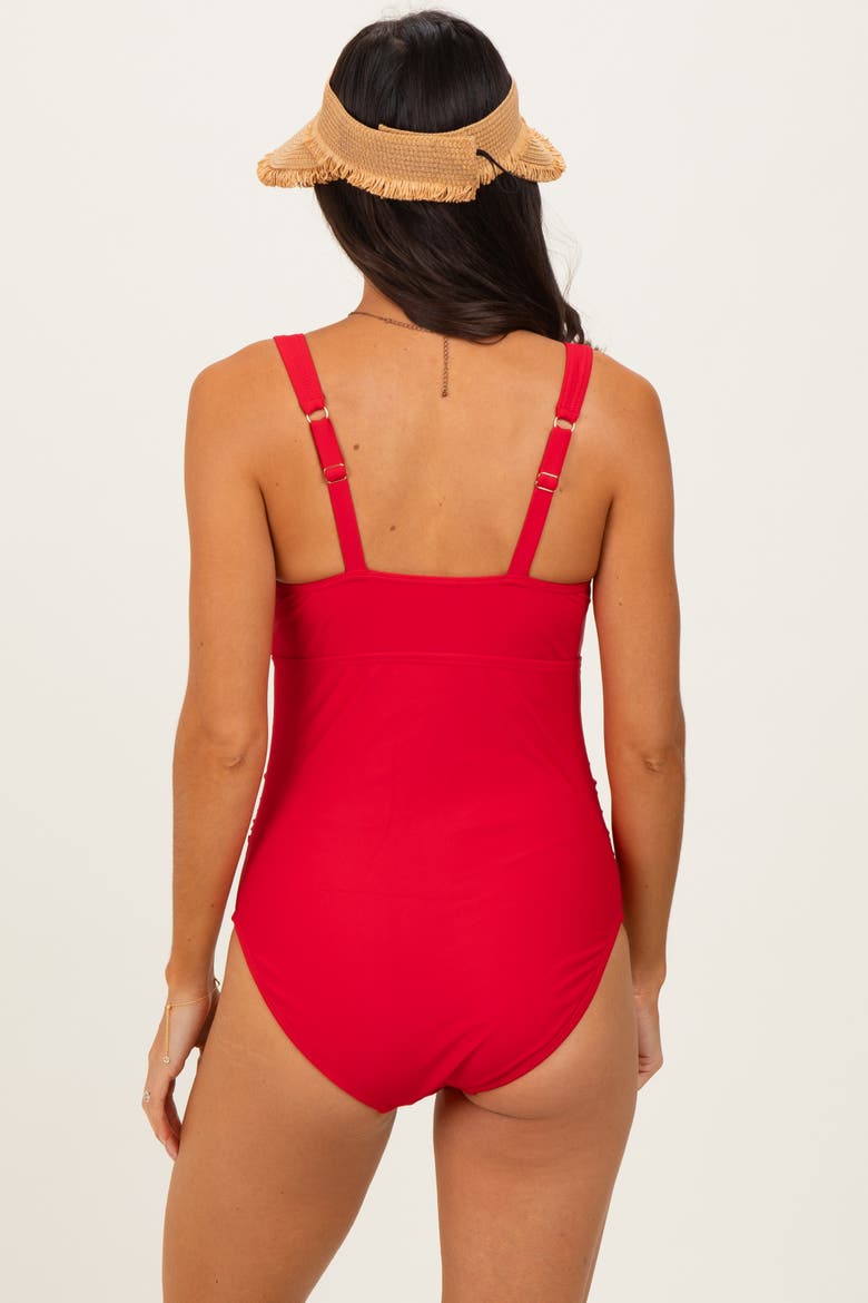 Scalloped Cutout Ruched One Piece Swimsuit, Alternate, color, Red